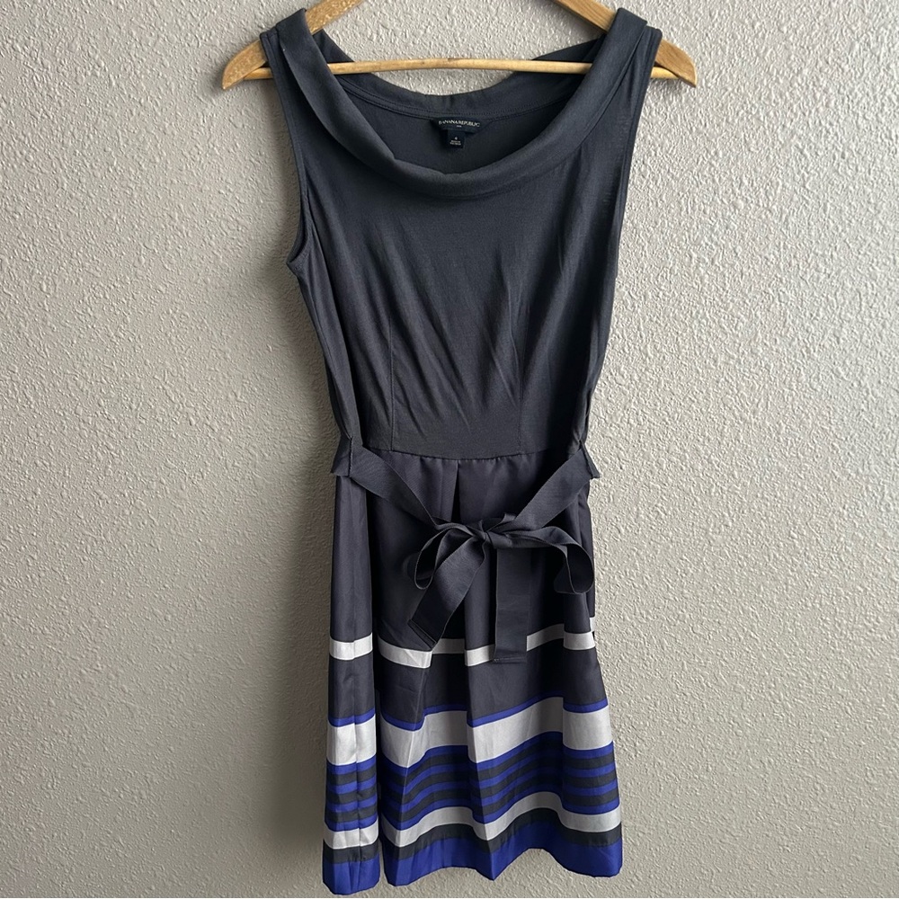 Banana Republic Gray Sleeveless‎ Cowl Neck Cotton Blend Striped Skirt Dress
